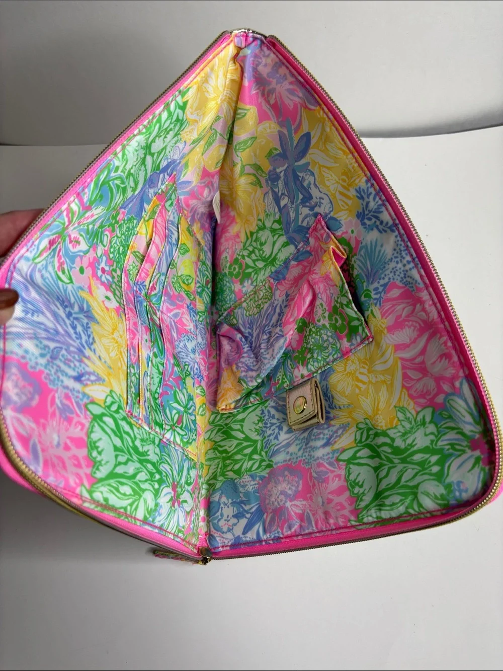Lilly Pulitzer Gold Metallic Cosmetic Pouch with Pink Trim